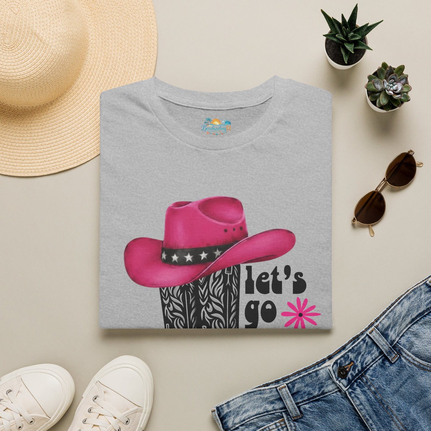 "Let's Go Girls" Pink Cowboy Hat & Boots Graphic T-Shirt
