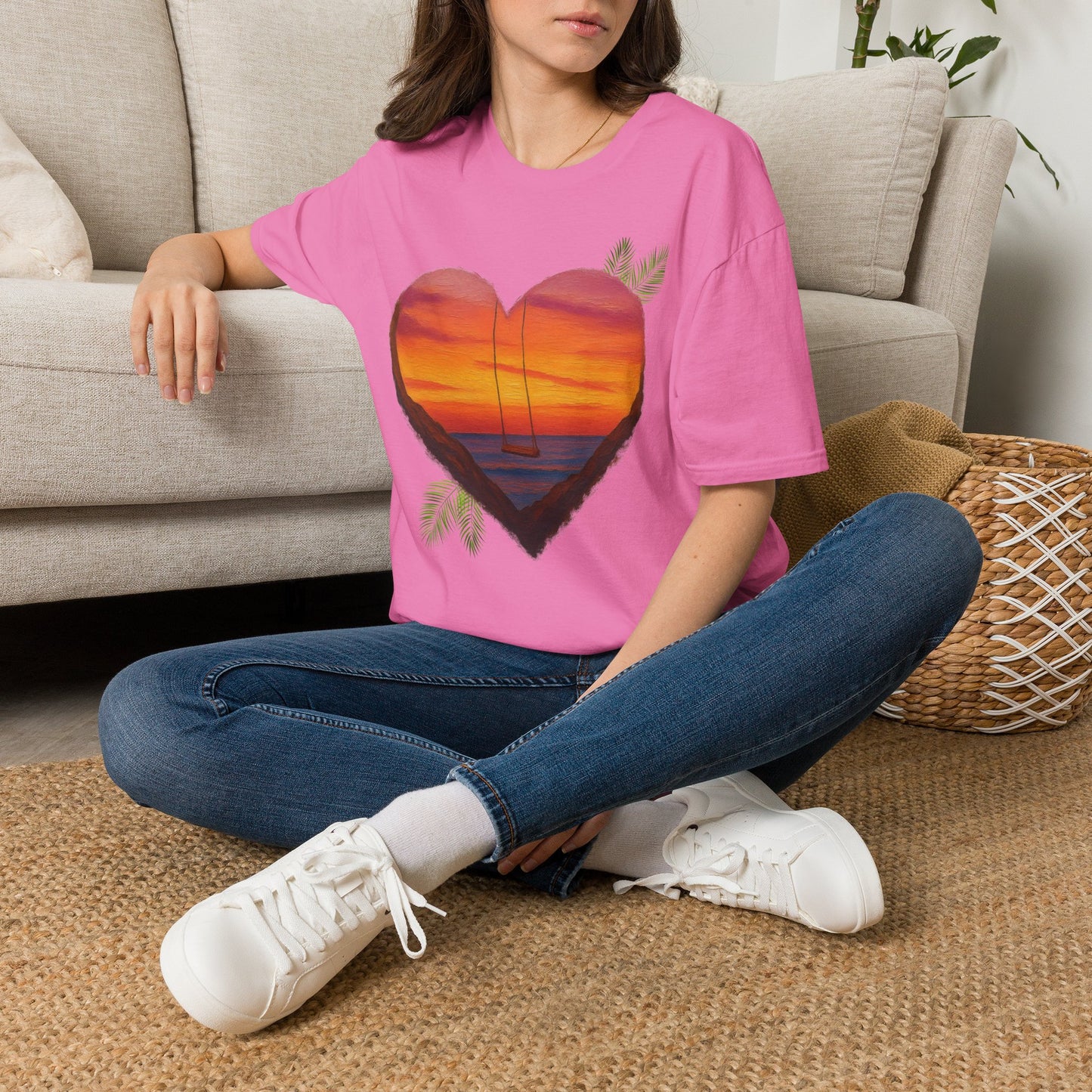 Heart Sunset T-Shirt — Tropical Palm Sailboat Beach Tee