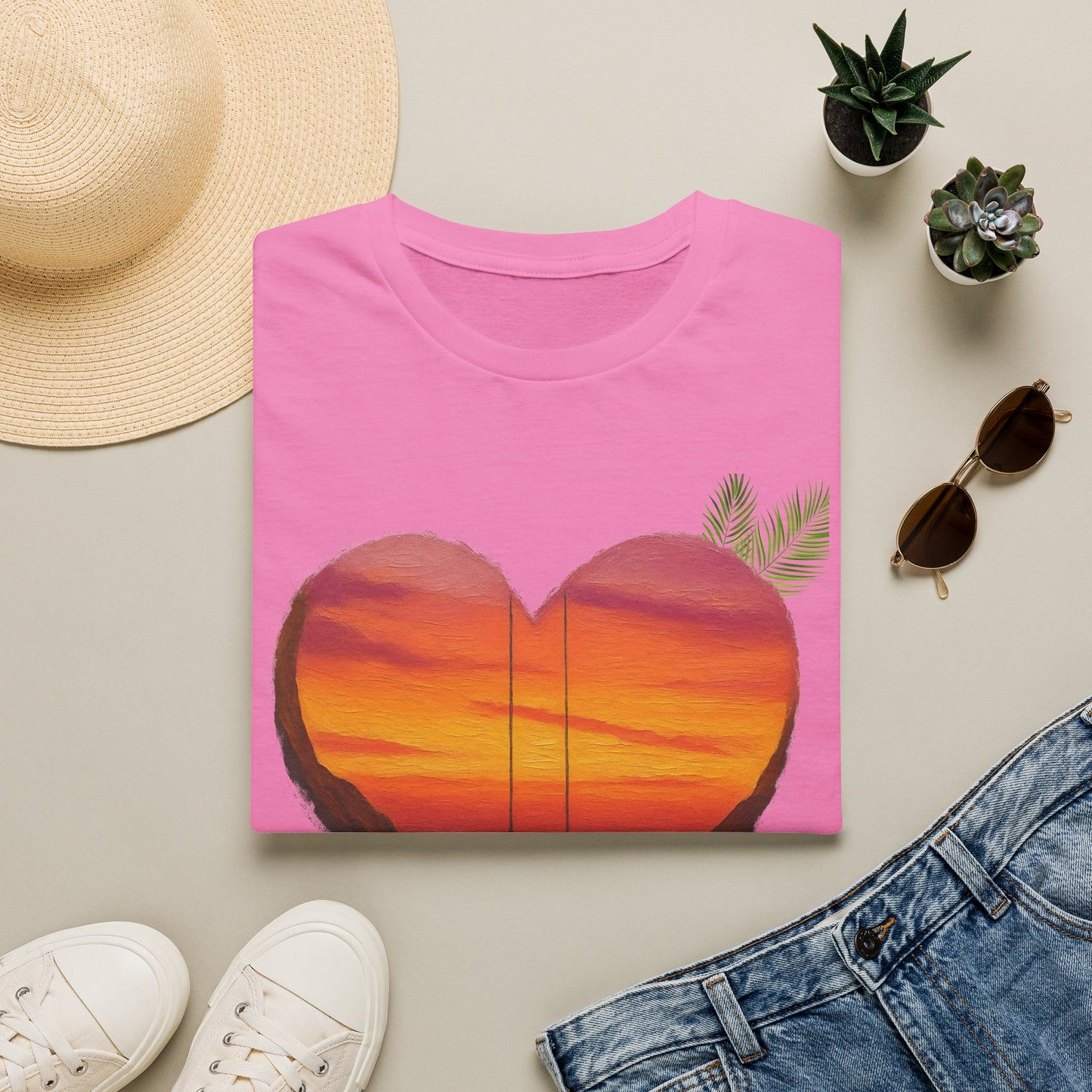 Heart Sunset T-Shirt — Tropical Palm Sailboat Beach Tee