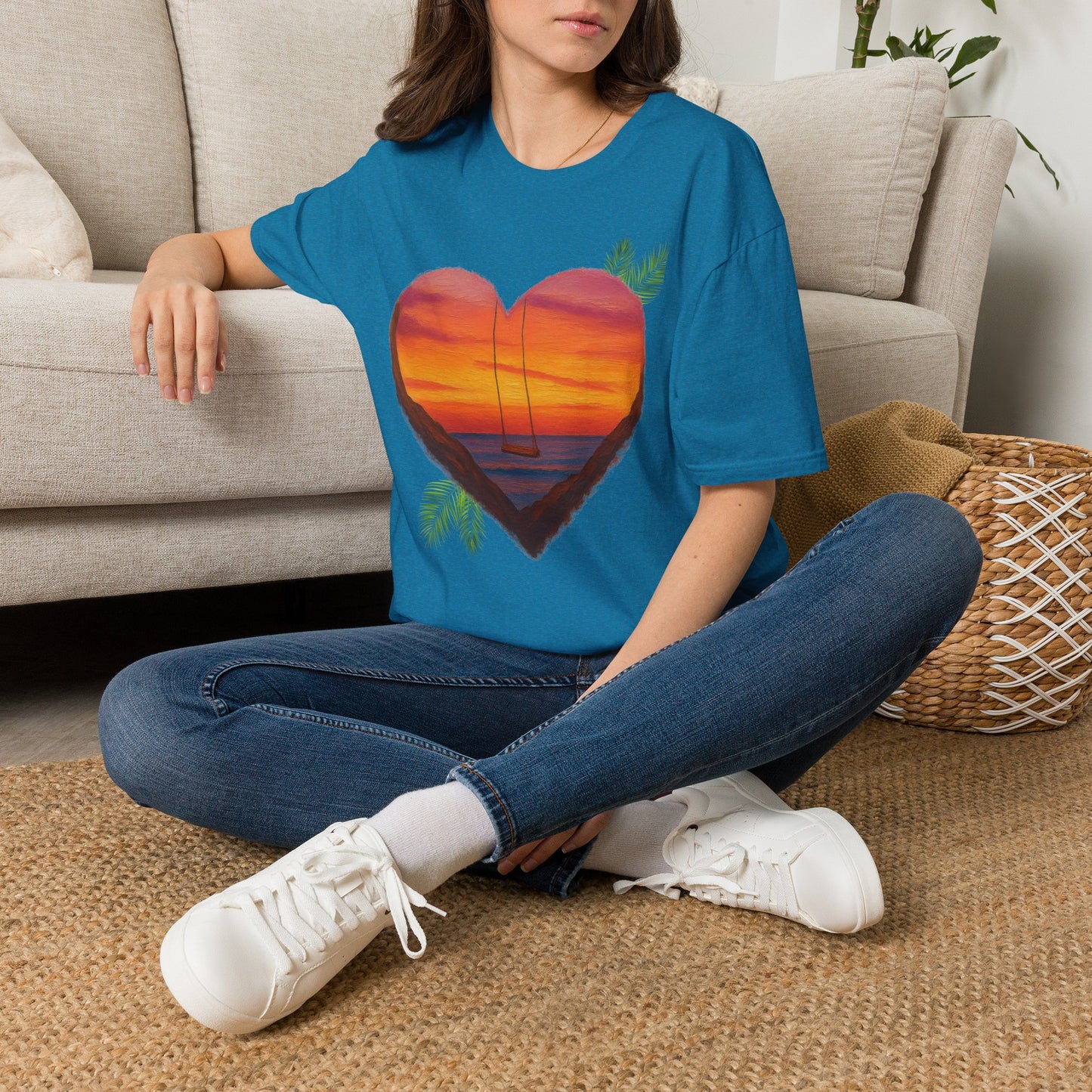 Heart Sunset T-Shirt — Tropical Palm Sailboat Beach Tee