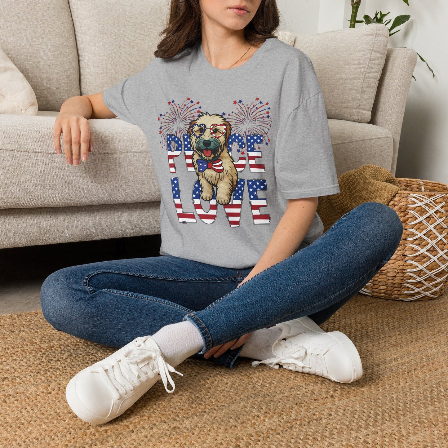 Patriotic Wheaten 'Peace Love' Graphic Tee for 4th of July