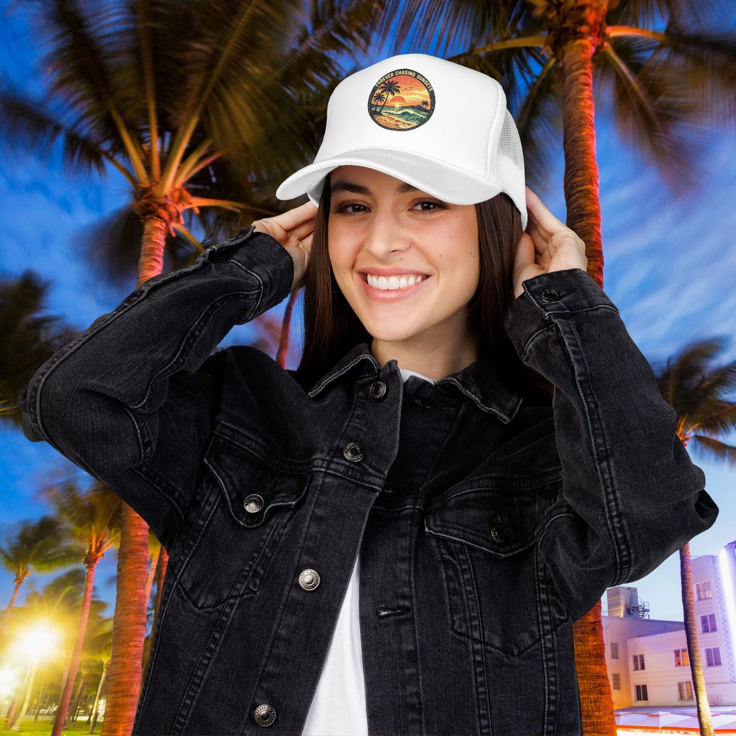 Chasing Sunsets Trucker Hat — Vintage Beach Foam Cap