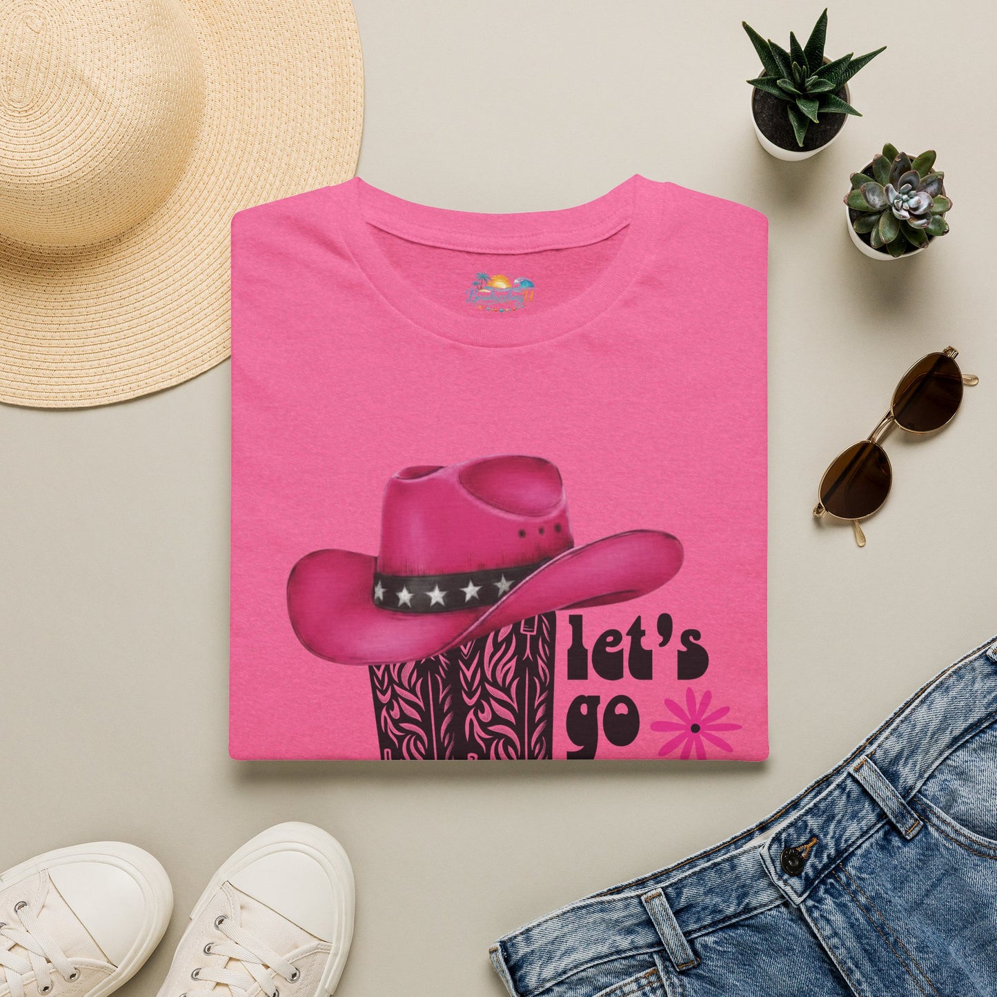 "Let's Go Girls" Pink Cowboy Hat & Boots Graphic T-Shirt