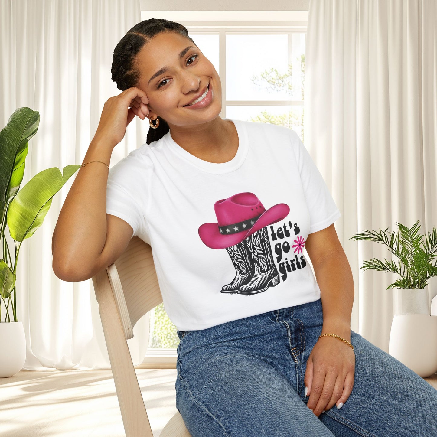 "Let's Go Girls" Pink Cowboy Hat & Boots Graphic T-Shirt