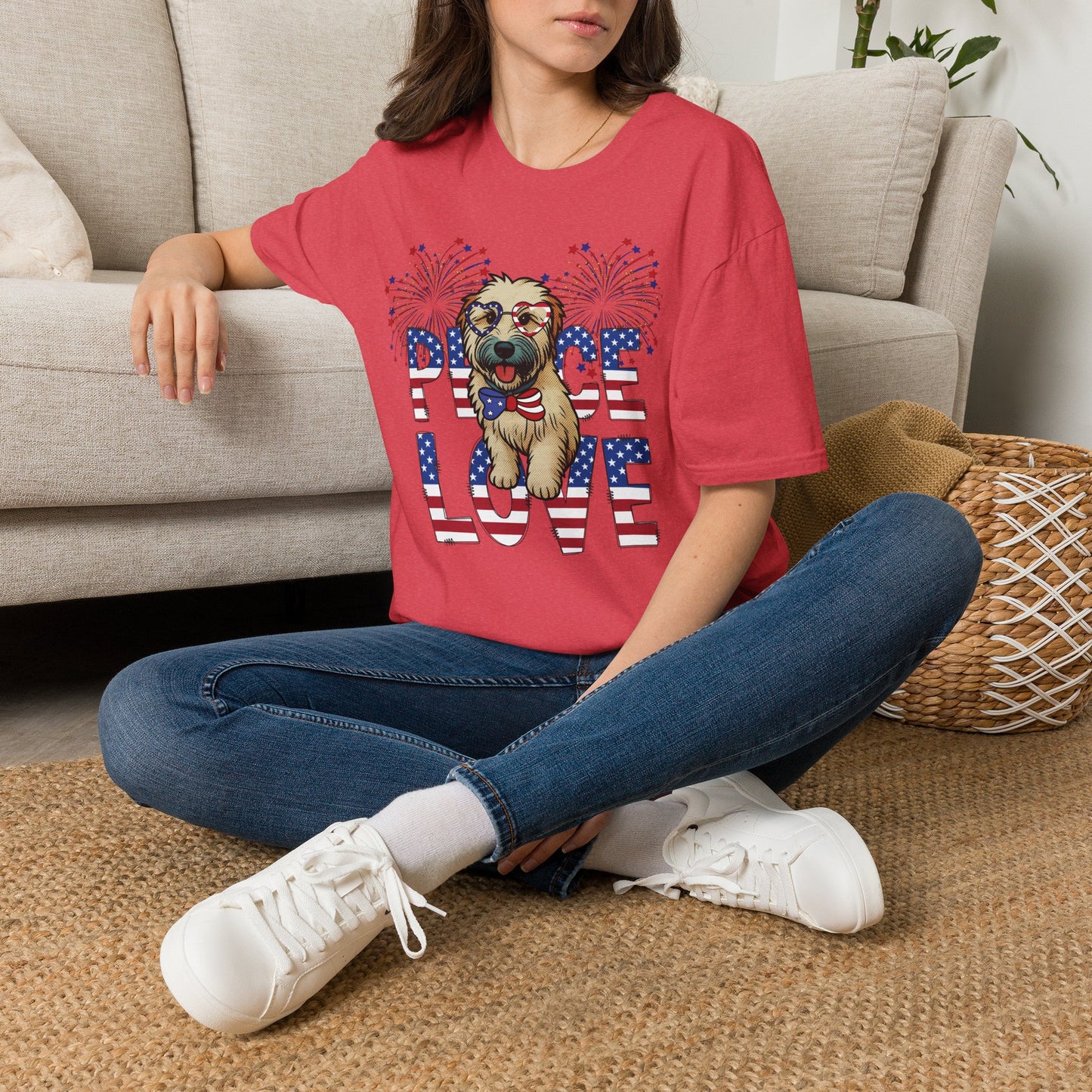 Patriotic Wheaten 'Peace Love' Graphic Tee for 4th of July