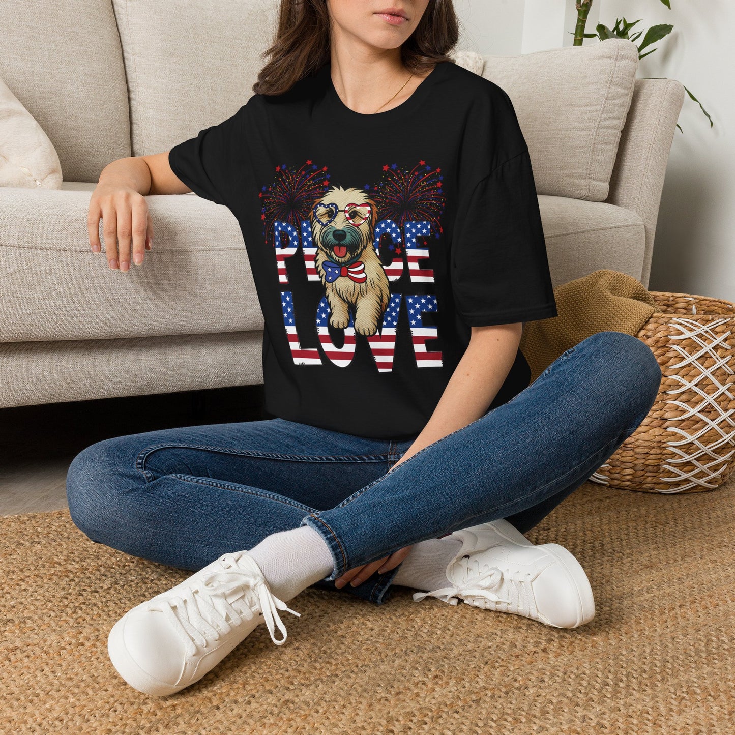 Patriotic Wheaten 'Peace Love' Graphic Tee for 4th of July