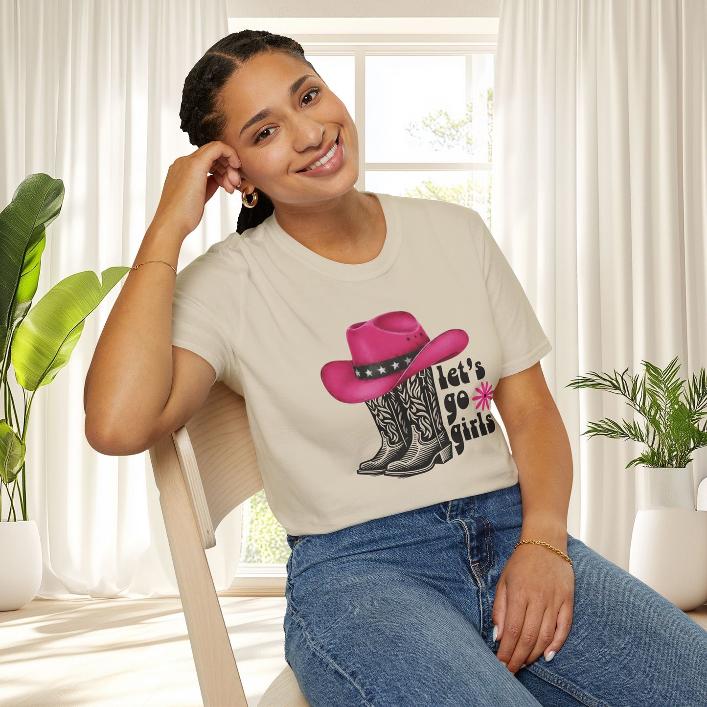 "Let's Go Girls" Pink Cowboy Hat & Boots Graphic T-Shirt