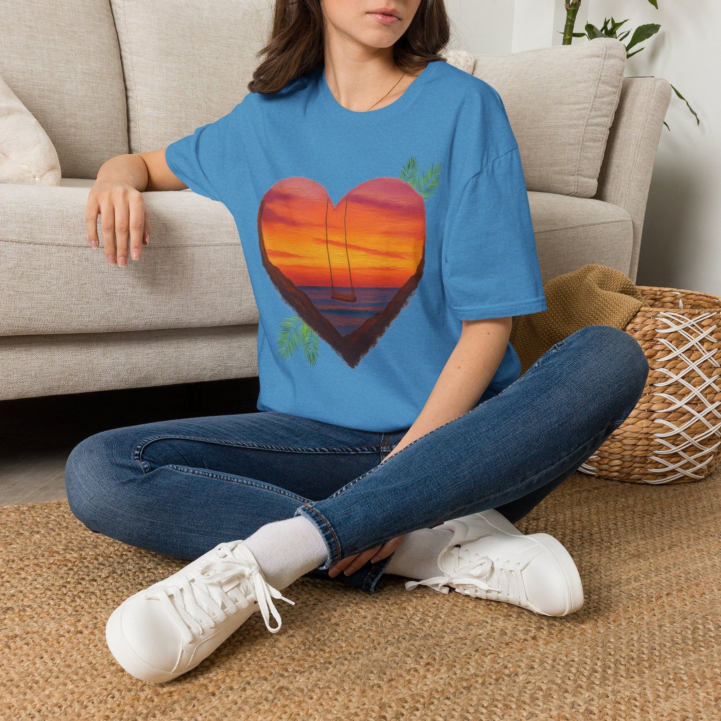 Heart Sunset T-Shirt — Tropical Palm Sailboat Beach Tee
