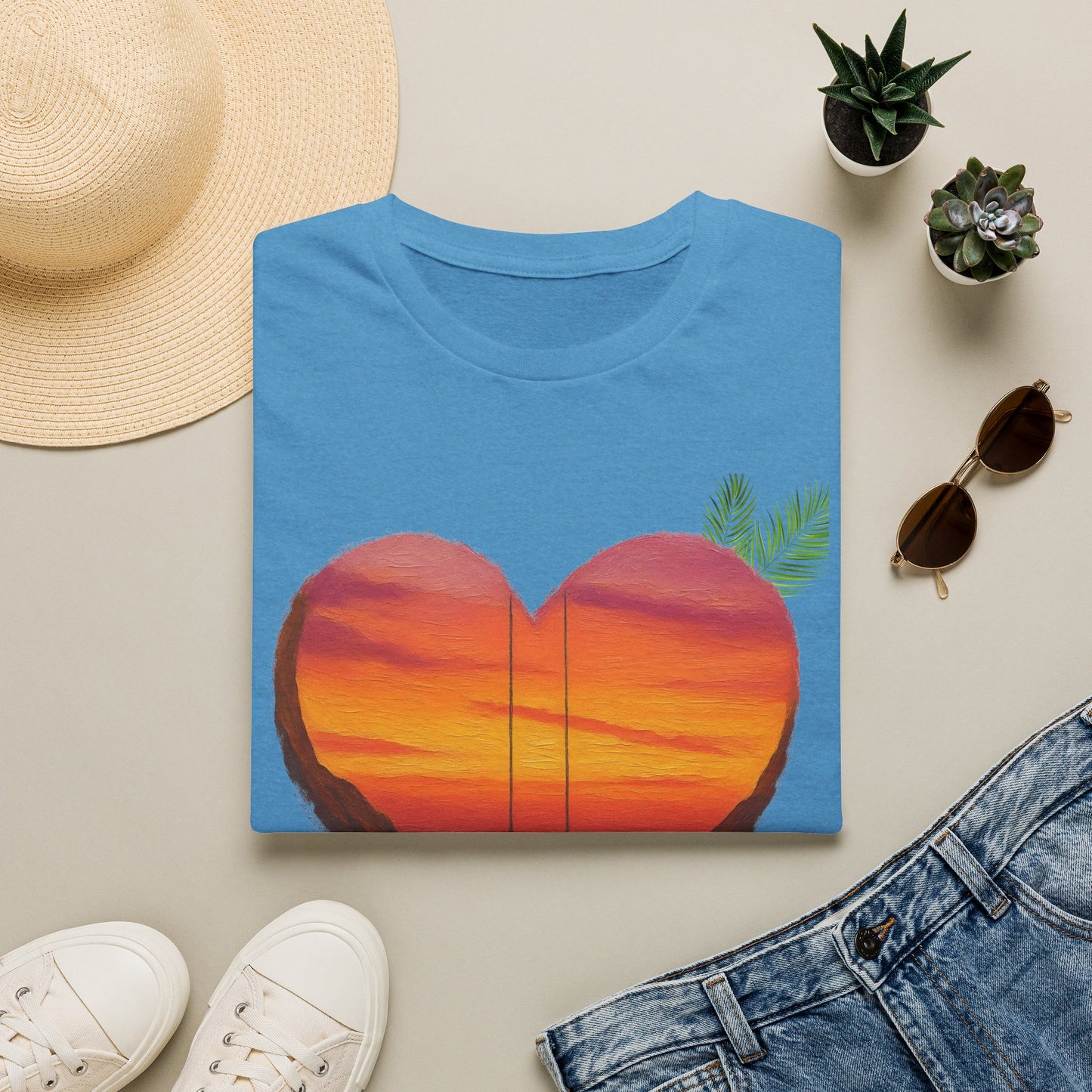 Heart Sunset T-Shirt — Tropical Palm Sailboat Beach Tee