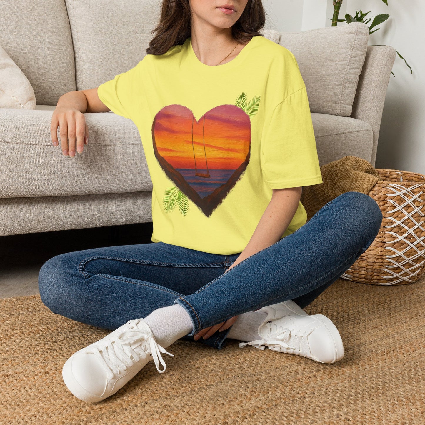 Heart Sunset T-Shirt — Tropical Palm Sailboat Beach Tee