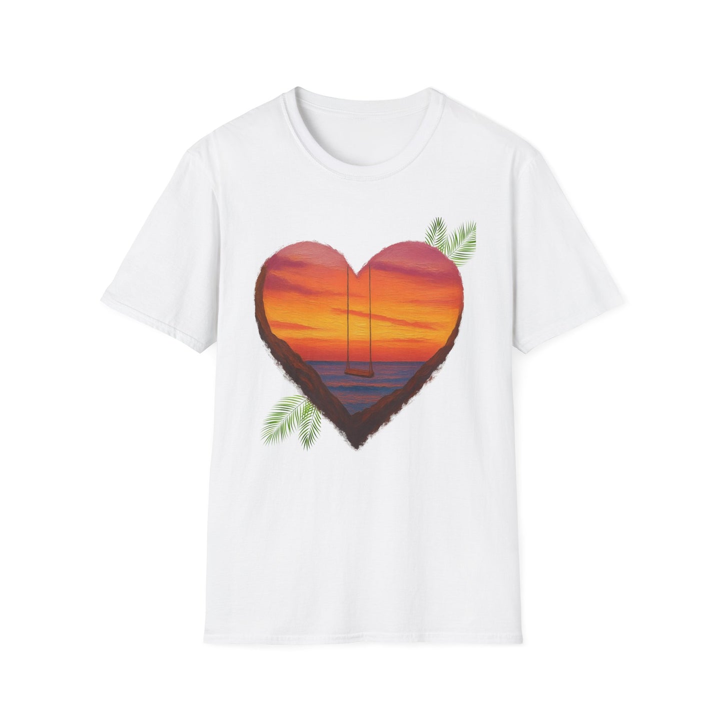 Heart Sunset T-Shirt — Tropical Palm Sailboat Beach Tee