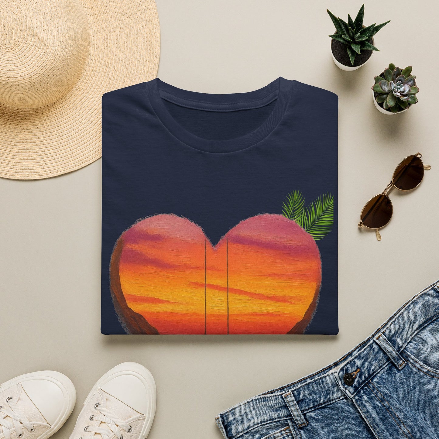 Heart Sunset T-Shirt — Tropical Palm Sailboat Beach Tee
