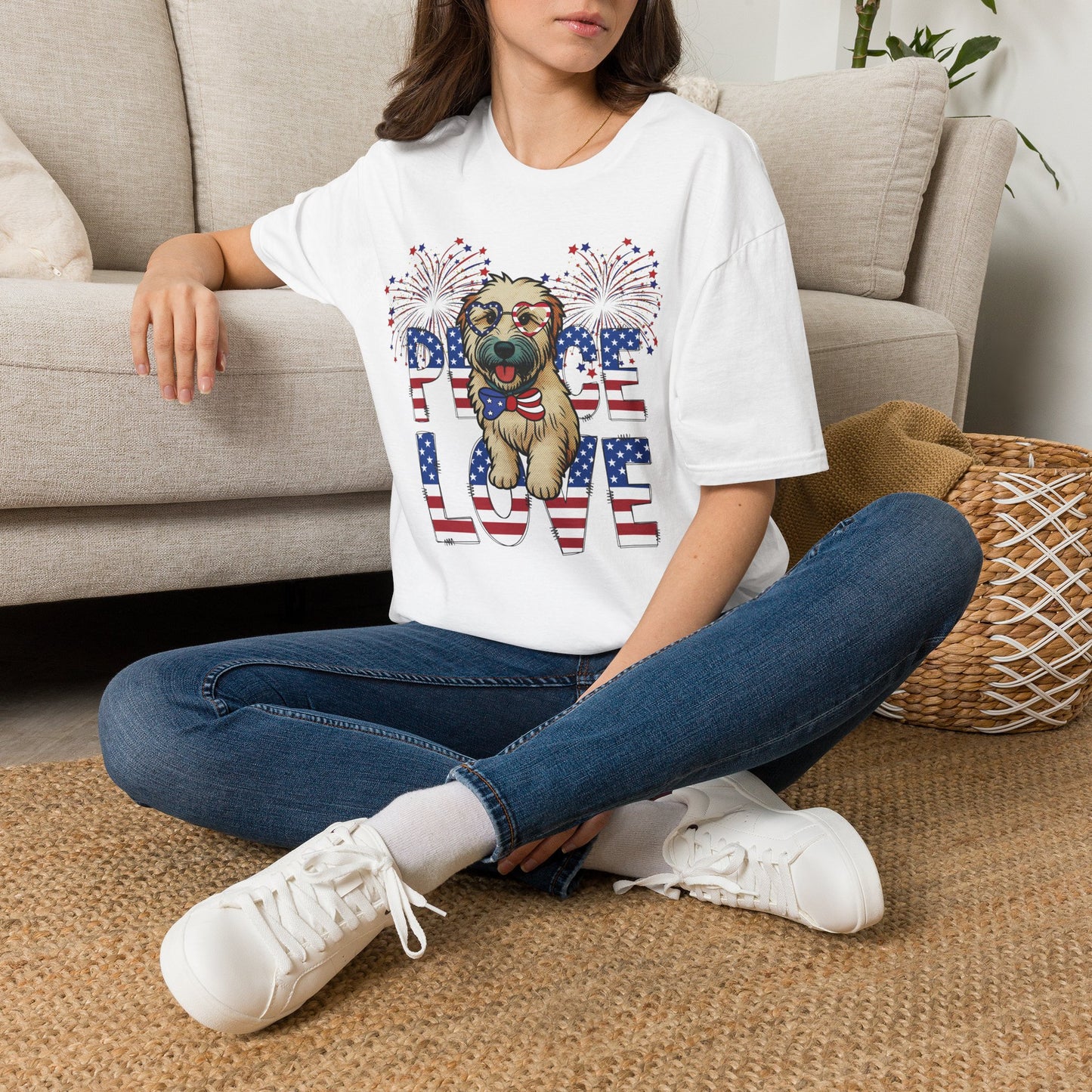 Patriotic Wheaten 'Peace Love' Graphic Tee for 4th of July