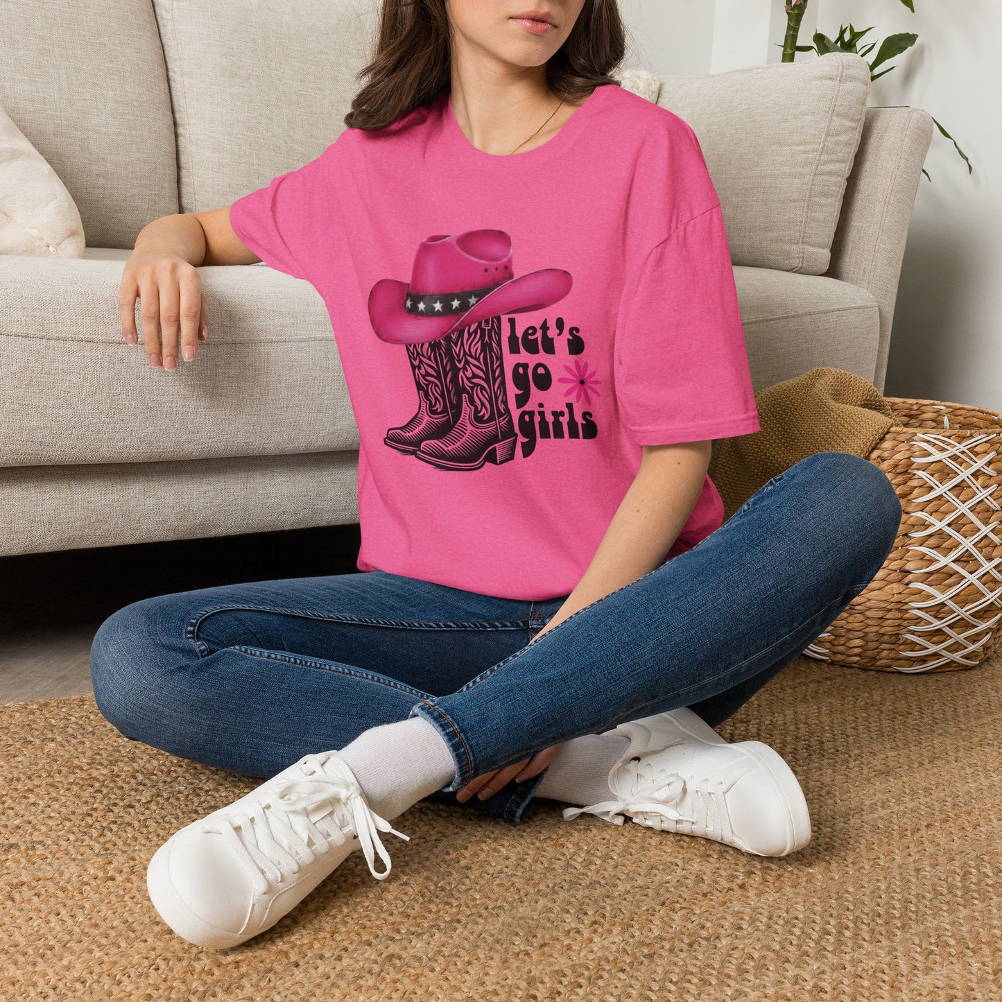 "Let's Go Girls" Pink Cowboy Hat & Boots Graphic T-Shirt