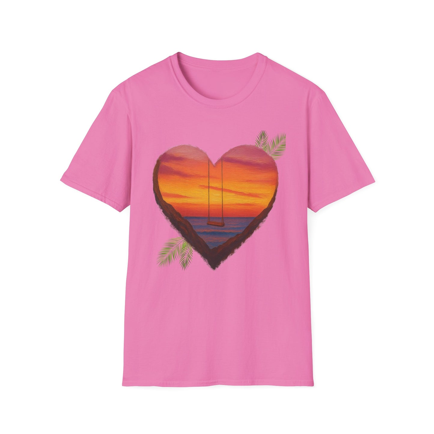 Heart Sunset T-Shirt — Tropical Palm Sailboat Beach Tee