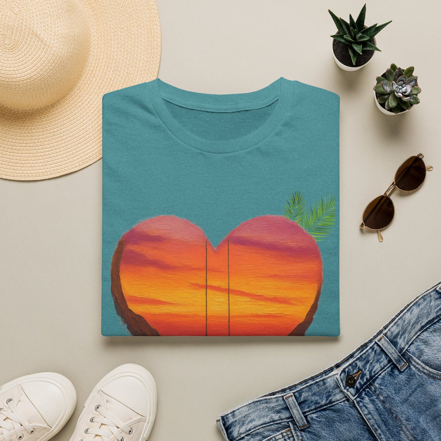 Heart Sunset T-Shirt — Tropical Palm Sailboat Beach Tee