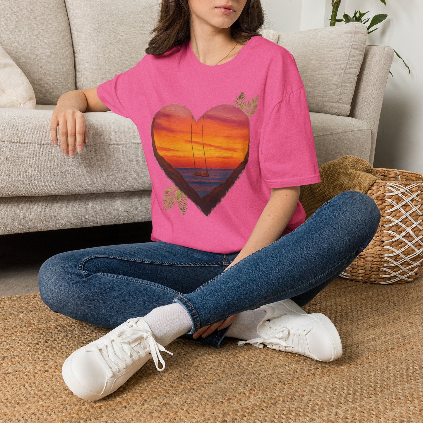 Heart Sunset T-Shirt — Tropical Palm Sailboat Beach Tee