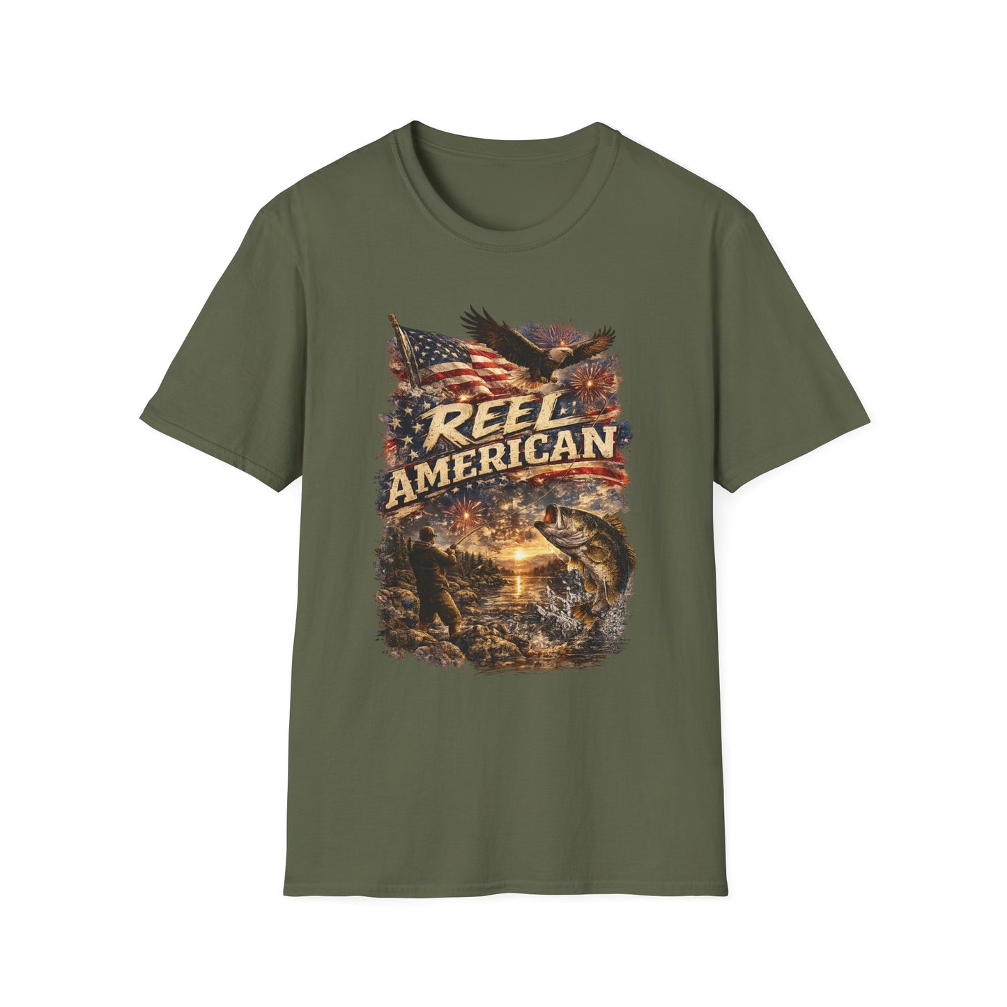 "Reel American" Eagle T-Shirt — Patriotic Fishing Shirt with Flag & Bald Eagle