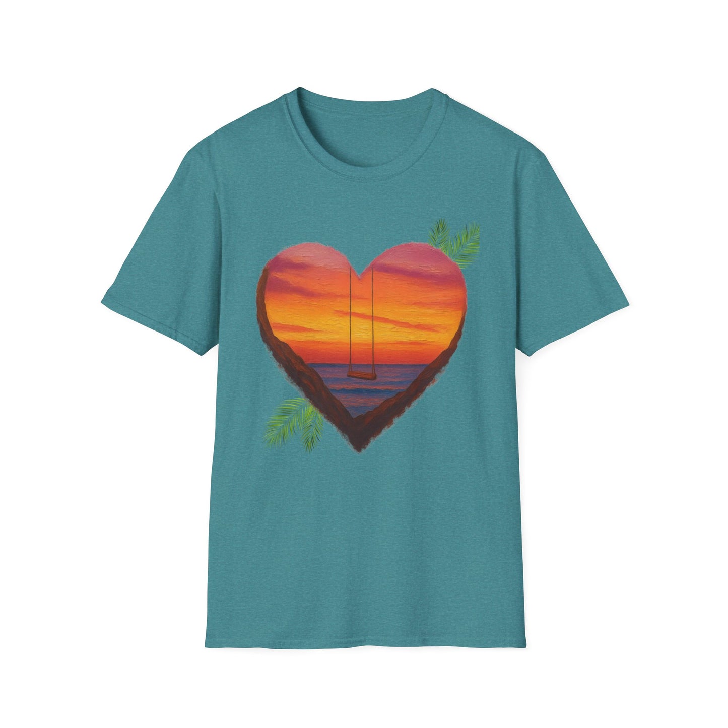 Heart Sunset T-Shirt — Tropical Palm Sailboat Beach Tee