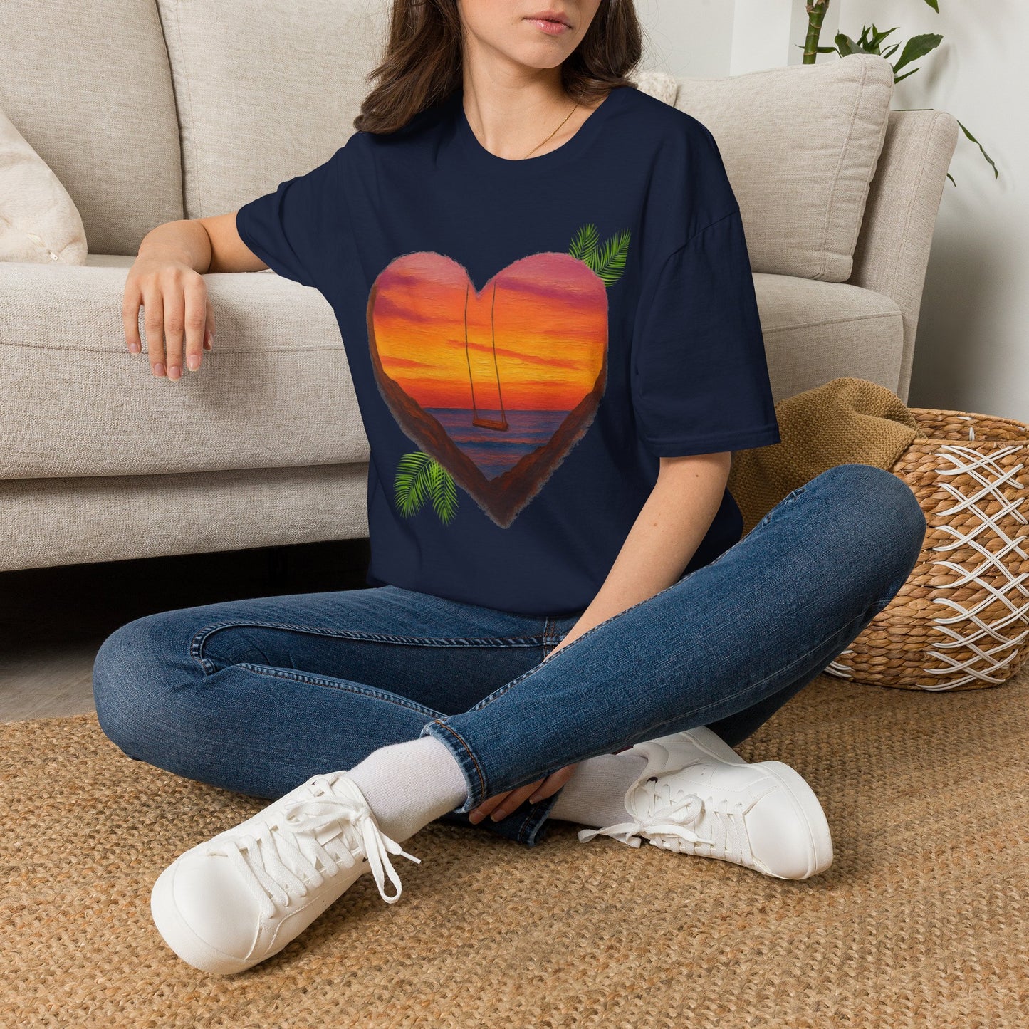 Heart Sunset T-Shirt — Tropical Palm Sailboat Beach Tee