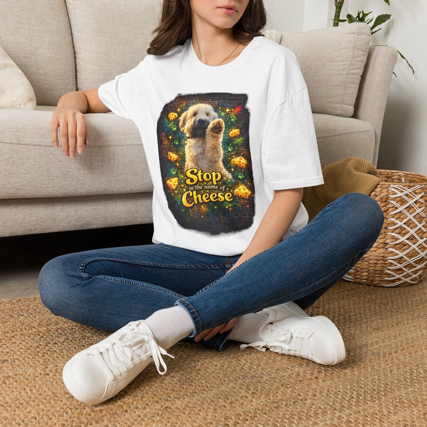 "Stop In the Name of Cheese" Cute Wheaten Puppy Graphic Tee
