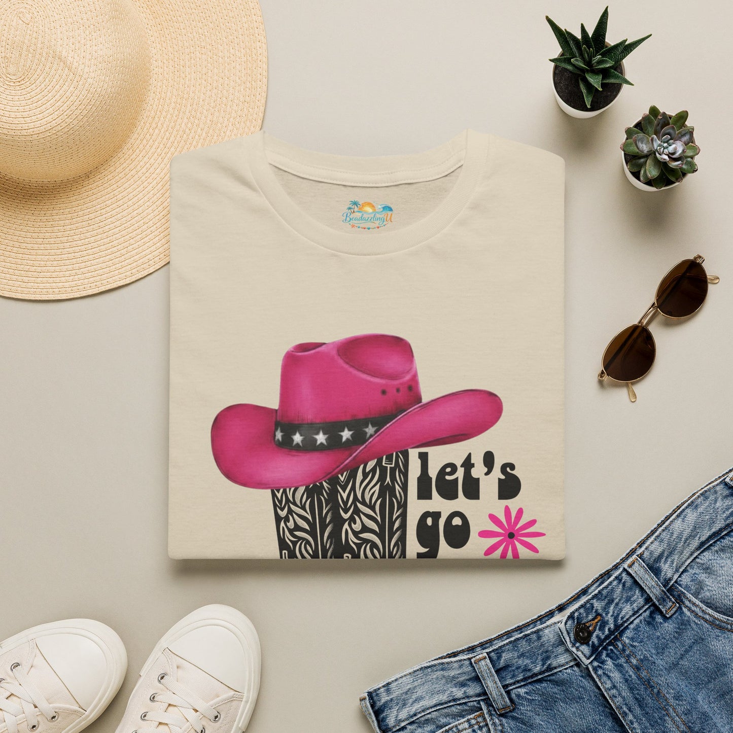 "Let's Go Girls" Pink Cowboy Hat & Boots Graphic T-Shirt