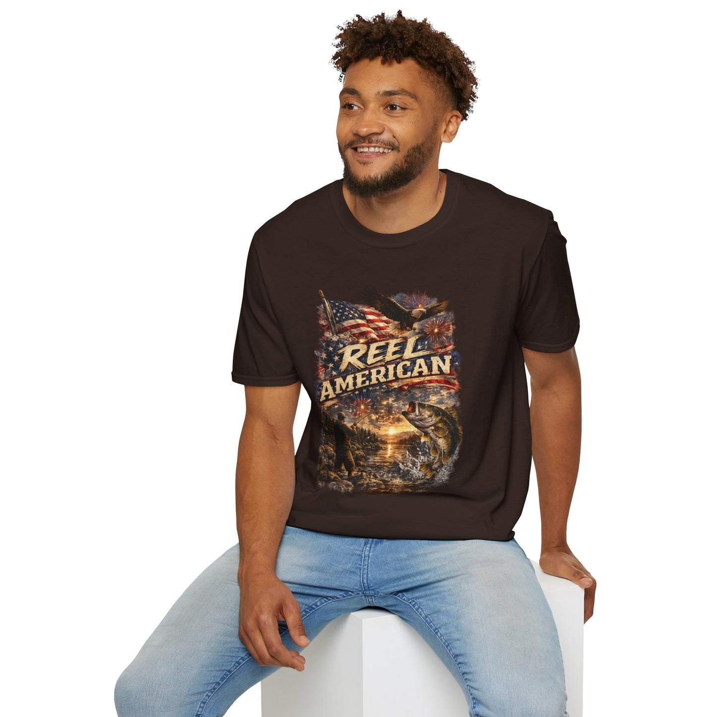 "Reel American" Eagle T-Shirt — Patriotic Fishing Shirt with Flag & Bald Eagle