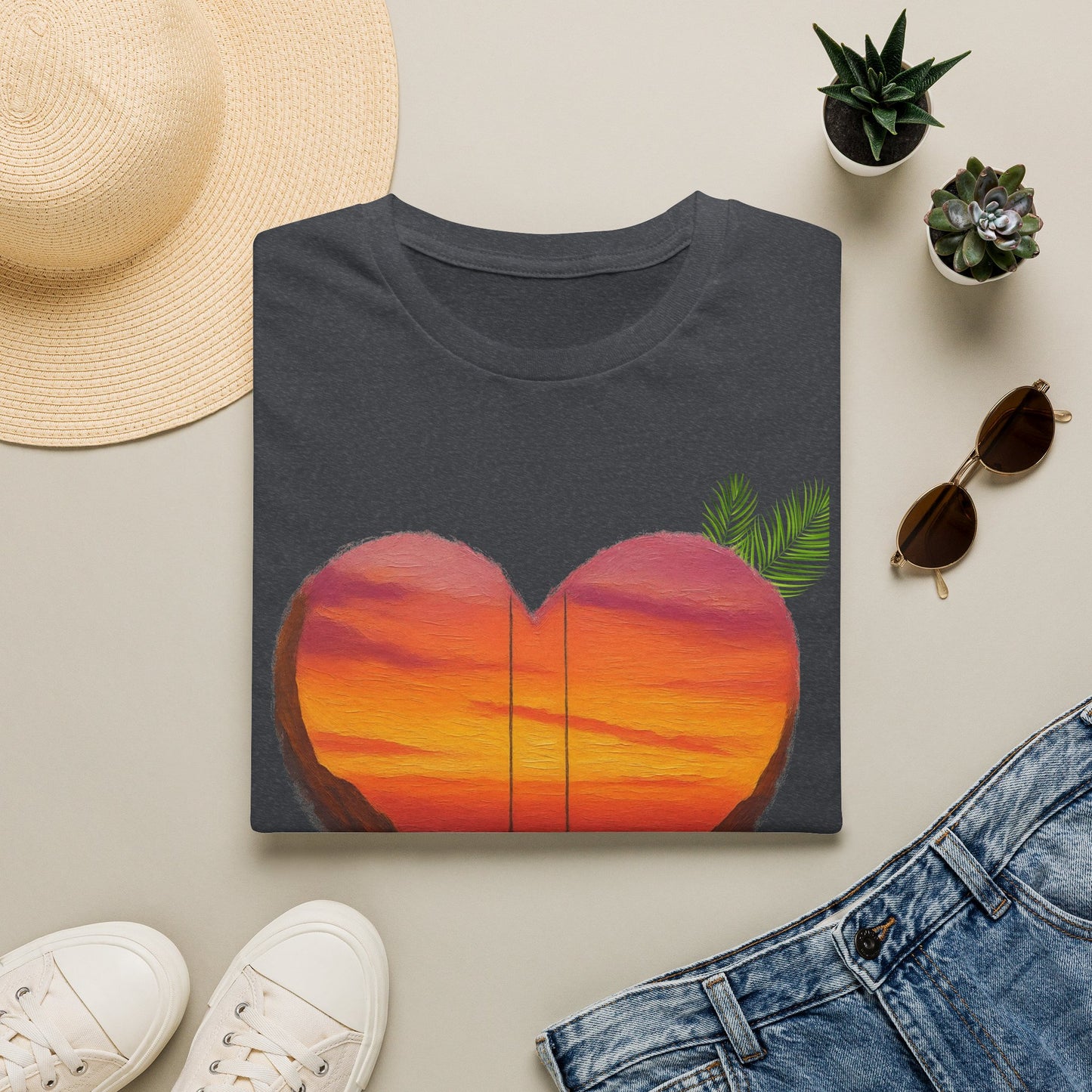 Heart Sunset T-Shirt — Tropical Palm Sailboat Beach Tee