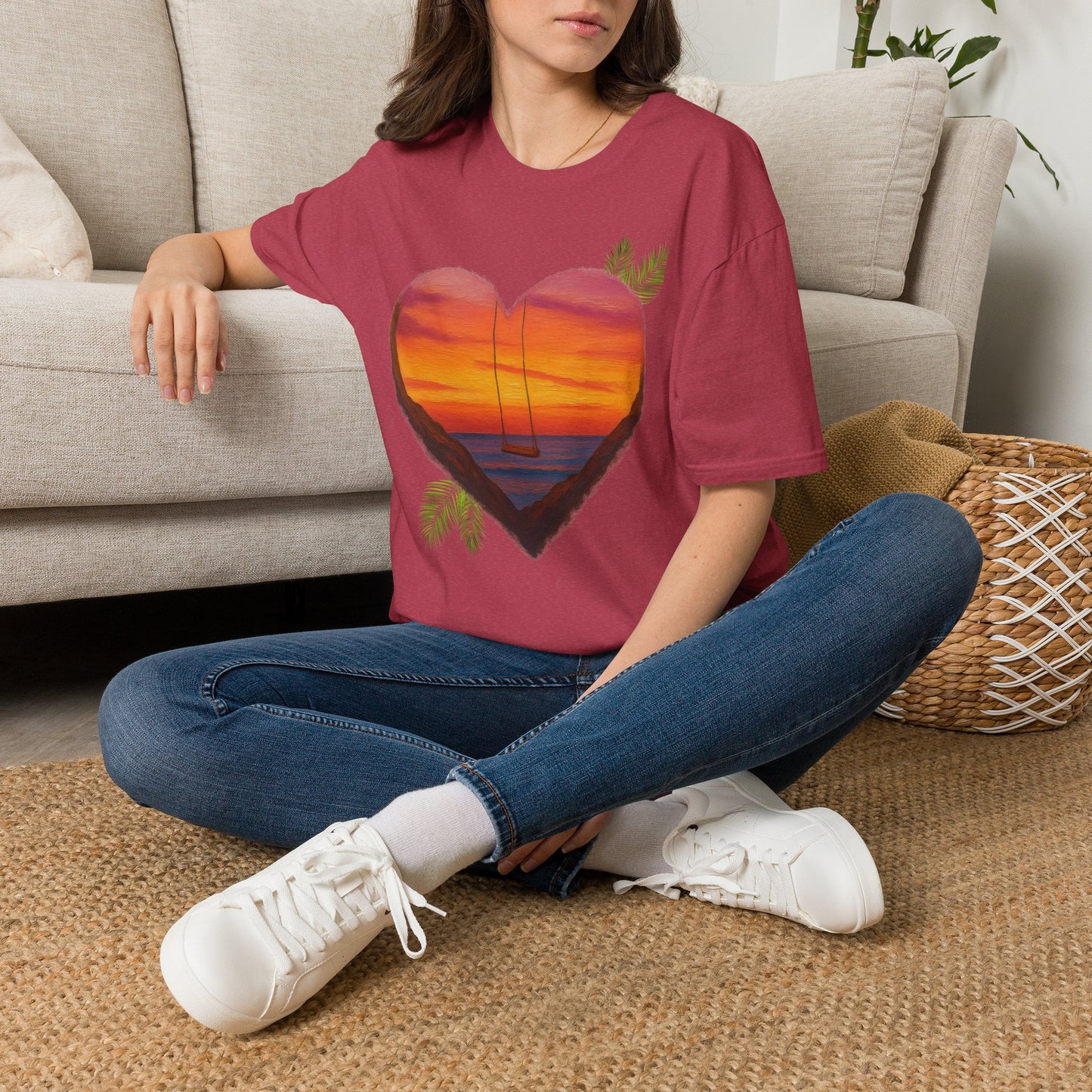 Heart Sunset T-Shirt — Tropical Palm Sailboat Beach Tee