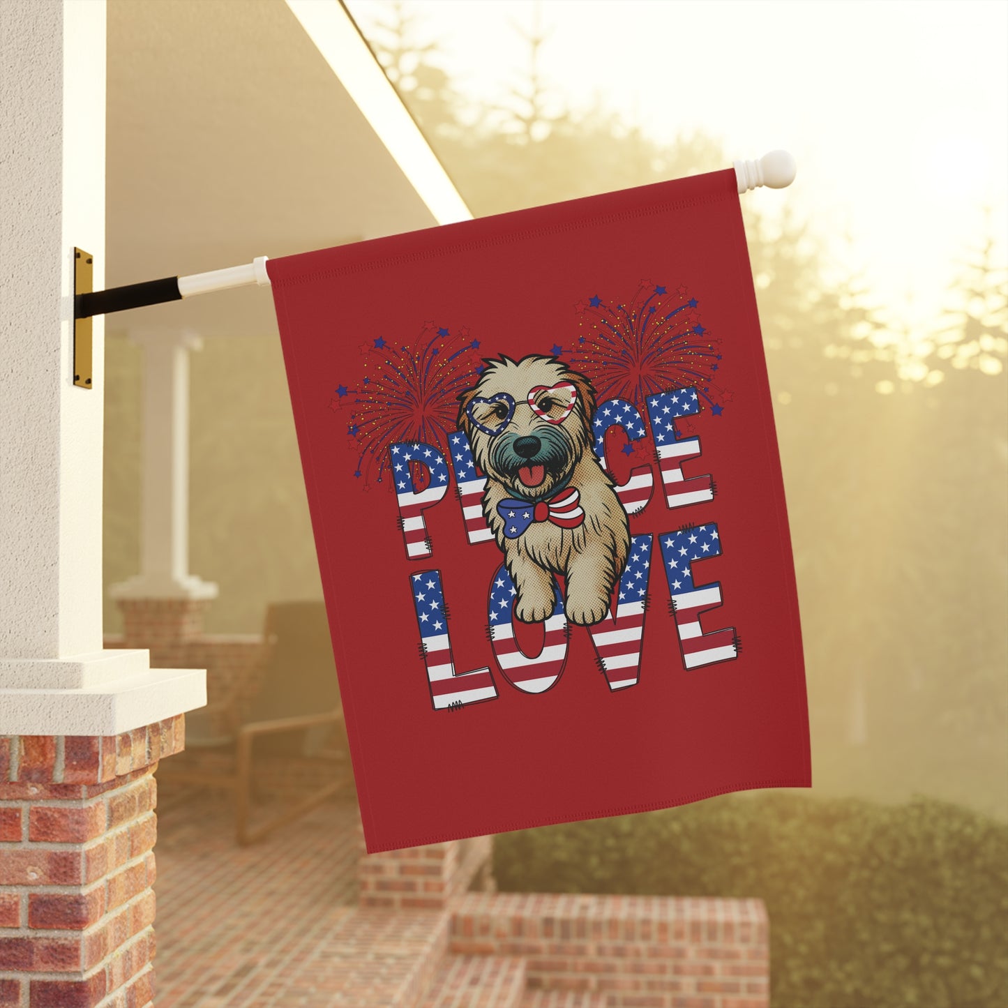 "Peace Love" Patriotic Wheaten Terrier Garden Flag (Red)