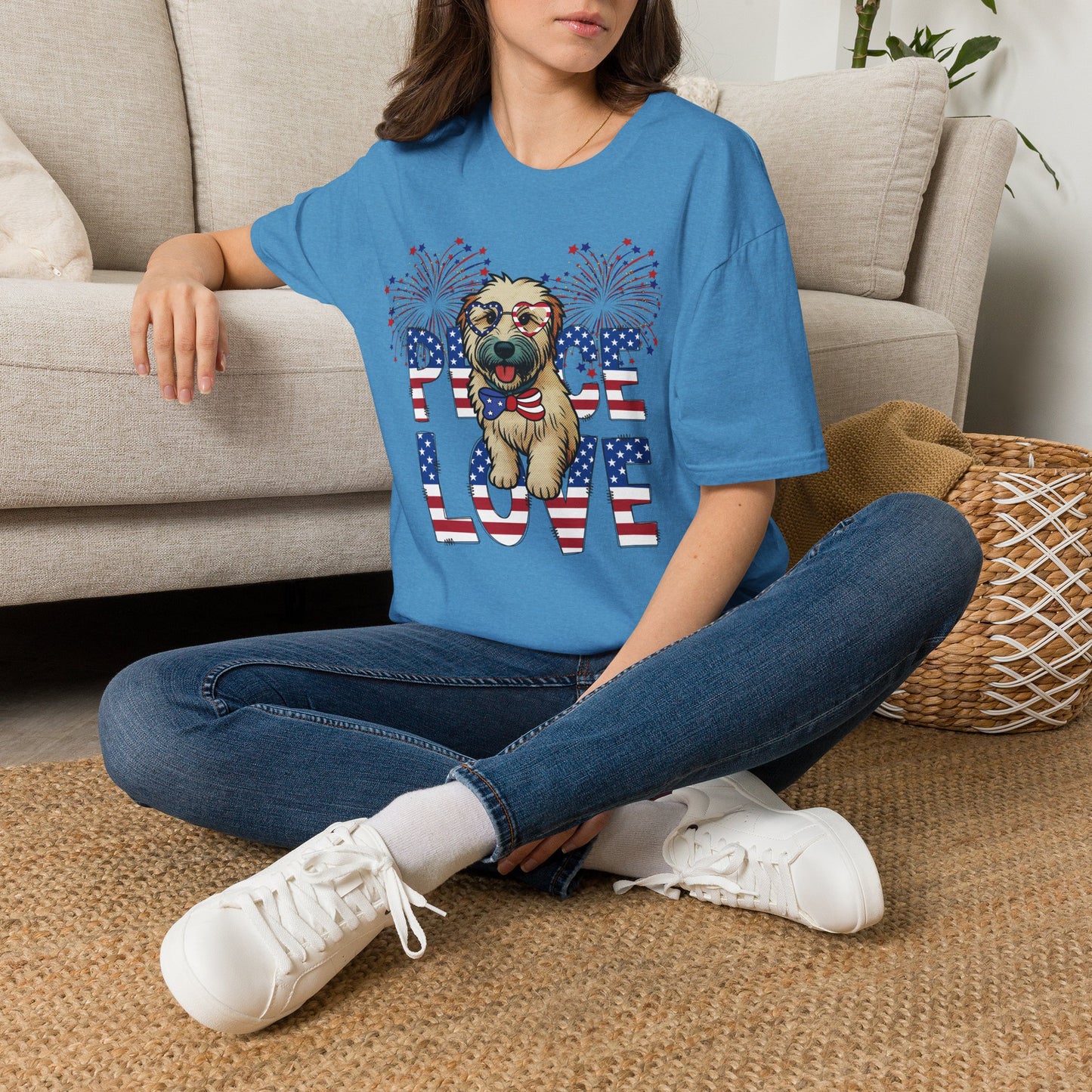 Patriotic Wheaten 'Peace Love' Graphic Tee for 4th of July