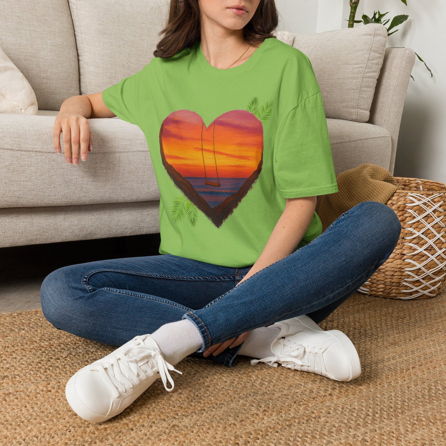 Heart Sunset T-Shirt — Tropical Palm Sailboat Beach Tee