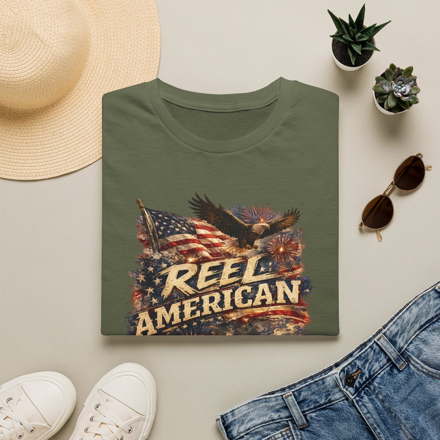 "Reel American" Eagle T-Shirt — Patriotic Fishing Shirt with Flag & Bald Eagle