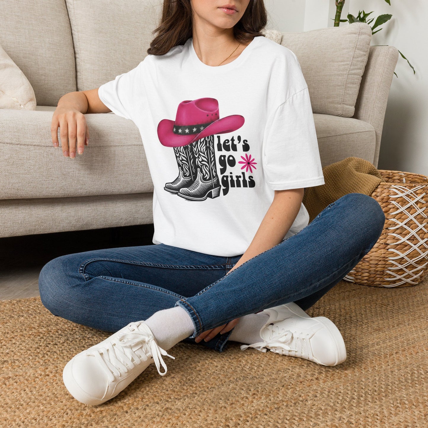 "Let's Go Girls" Pink Cowboy Hat & Boots Graphic T-Shirt