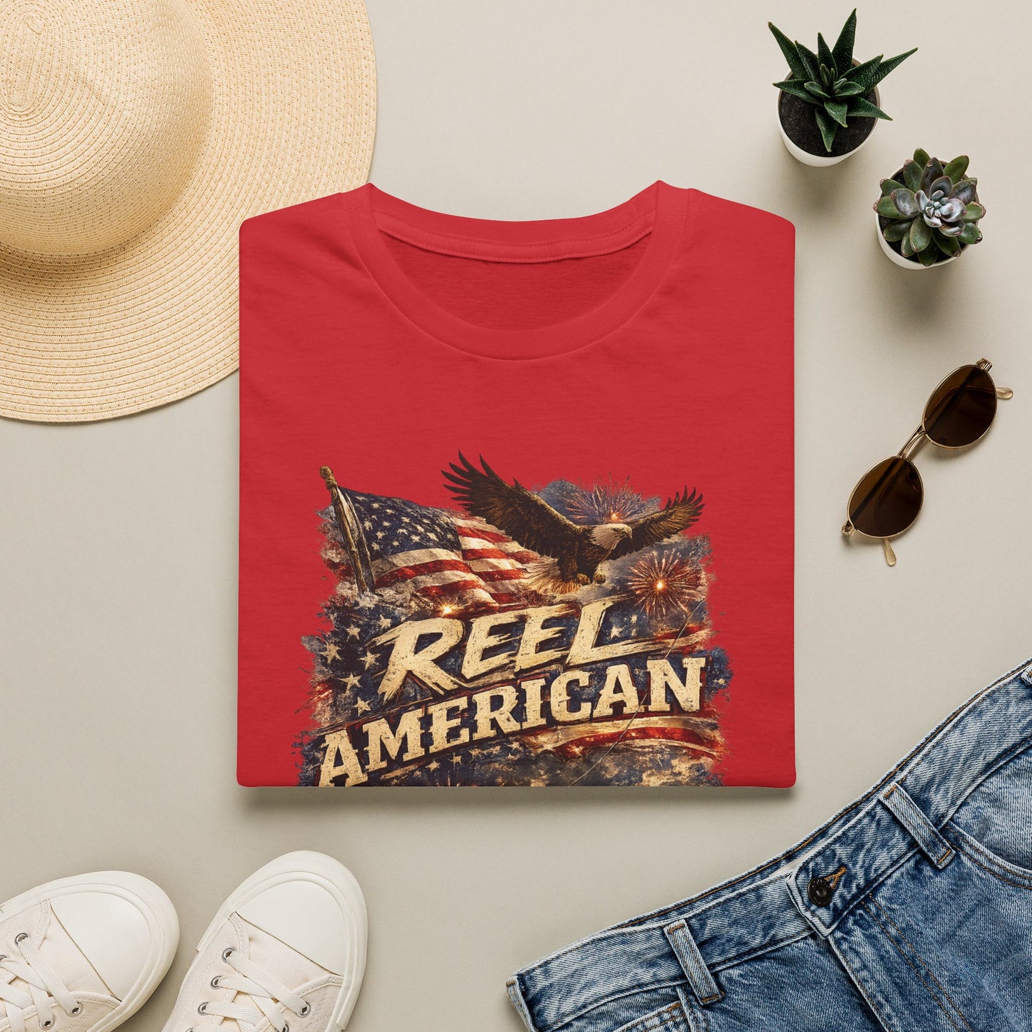 "Reel American" Eagle T-Shirt — Patriotic Fishing Shirt with Flag & Bald Eagle