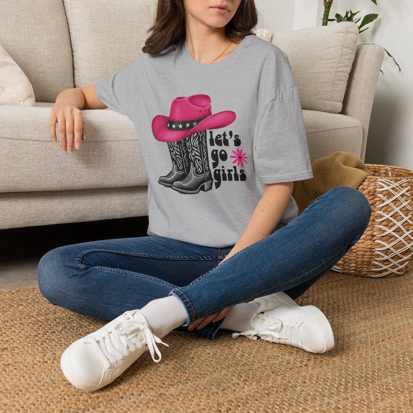 "Let's Go Girls" Pink Cowboy Hat & Boots Graphic T-Shirt