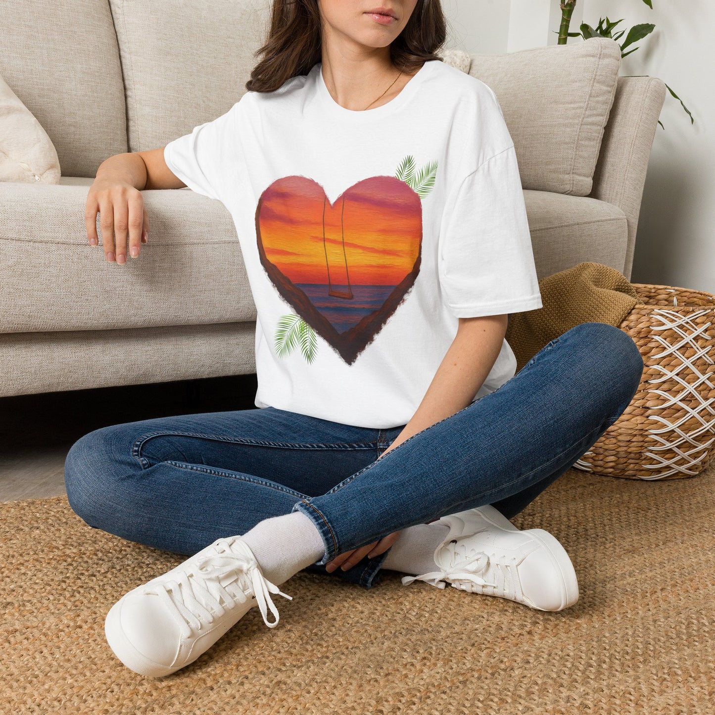 Heart Sunset T-Shirt — Tropical Palm Sailboat Beach Tee