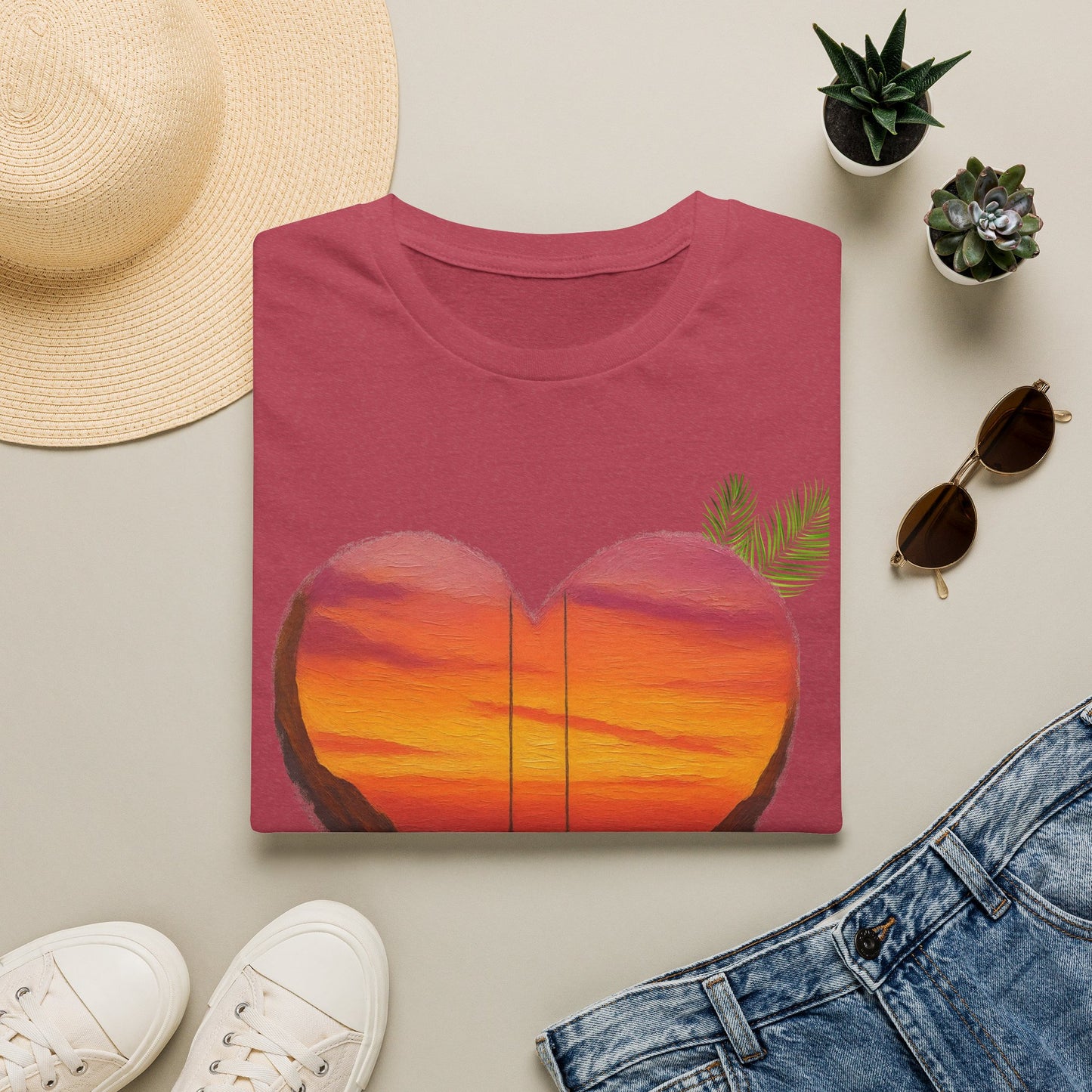 Heart Sunset T-Shirt — Tropical Palm Sailboat Beach Tee
