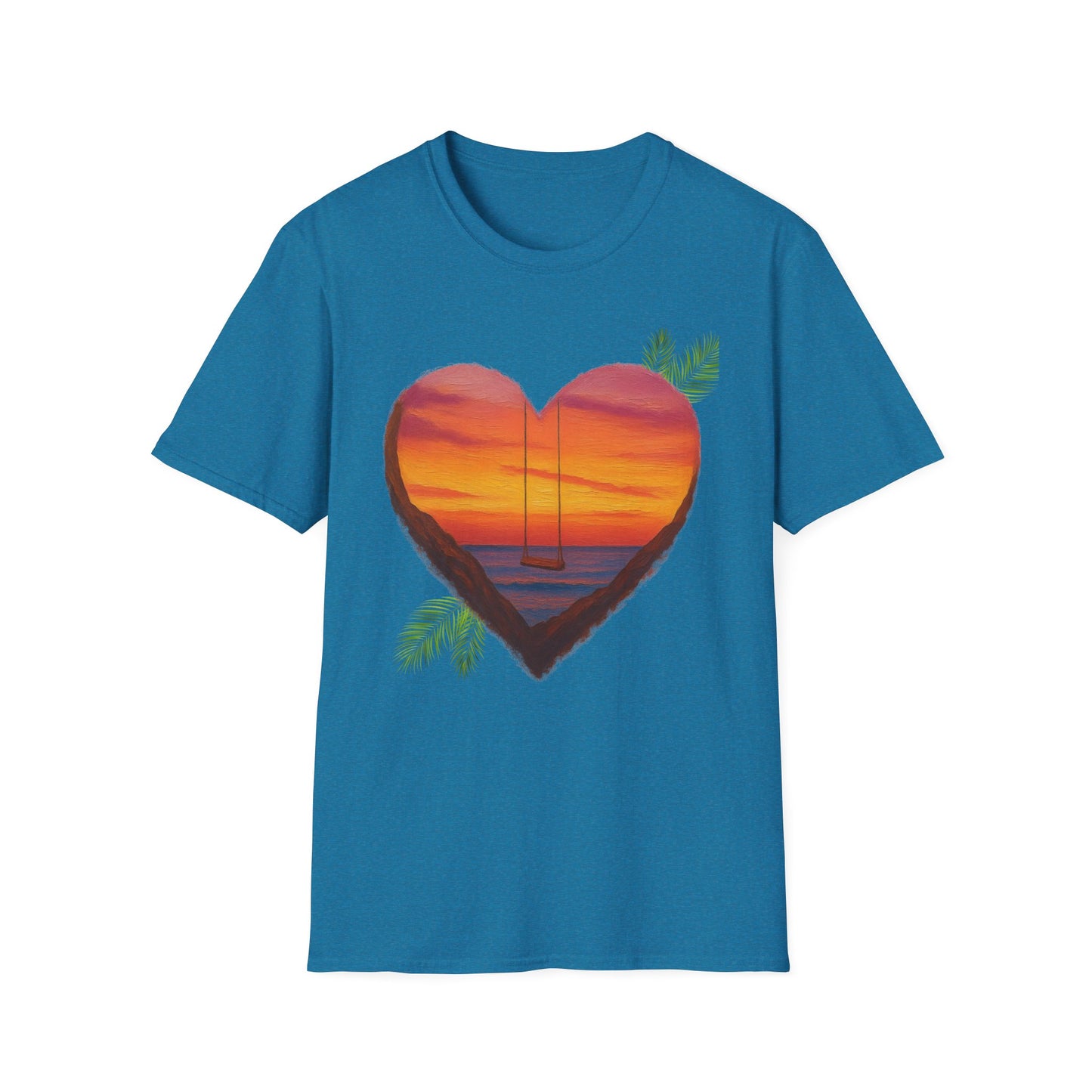 Heart Sunset T-Shirt — Tropical Palm Sailboat Beach Tee