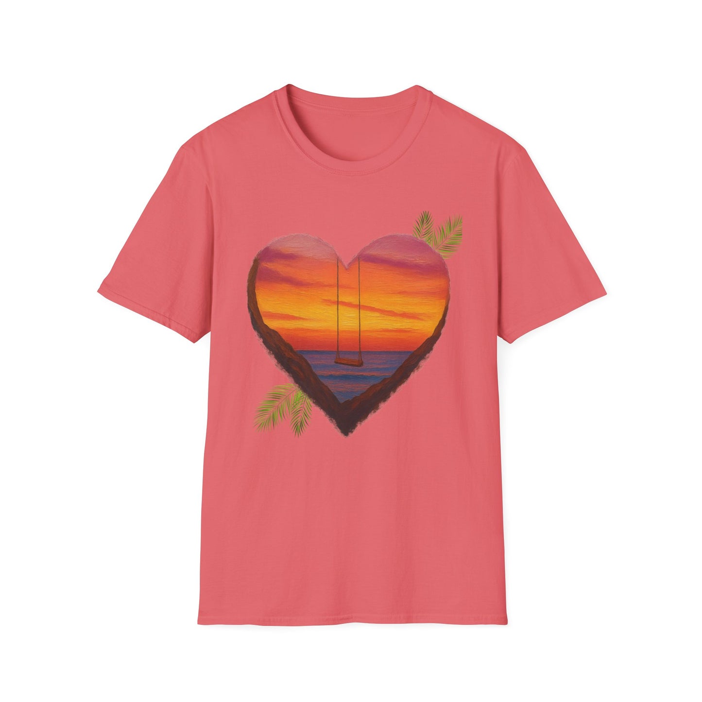 Heart Sunset T-Shirt — Tropical Palm Sailboat Beach Tee