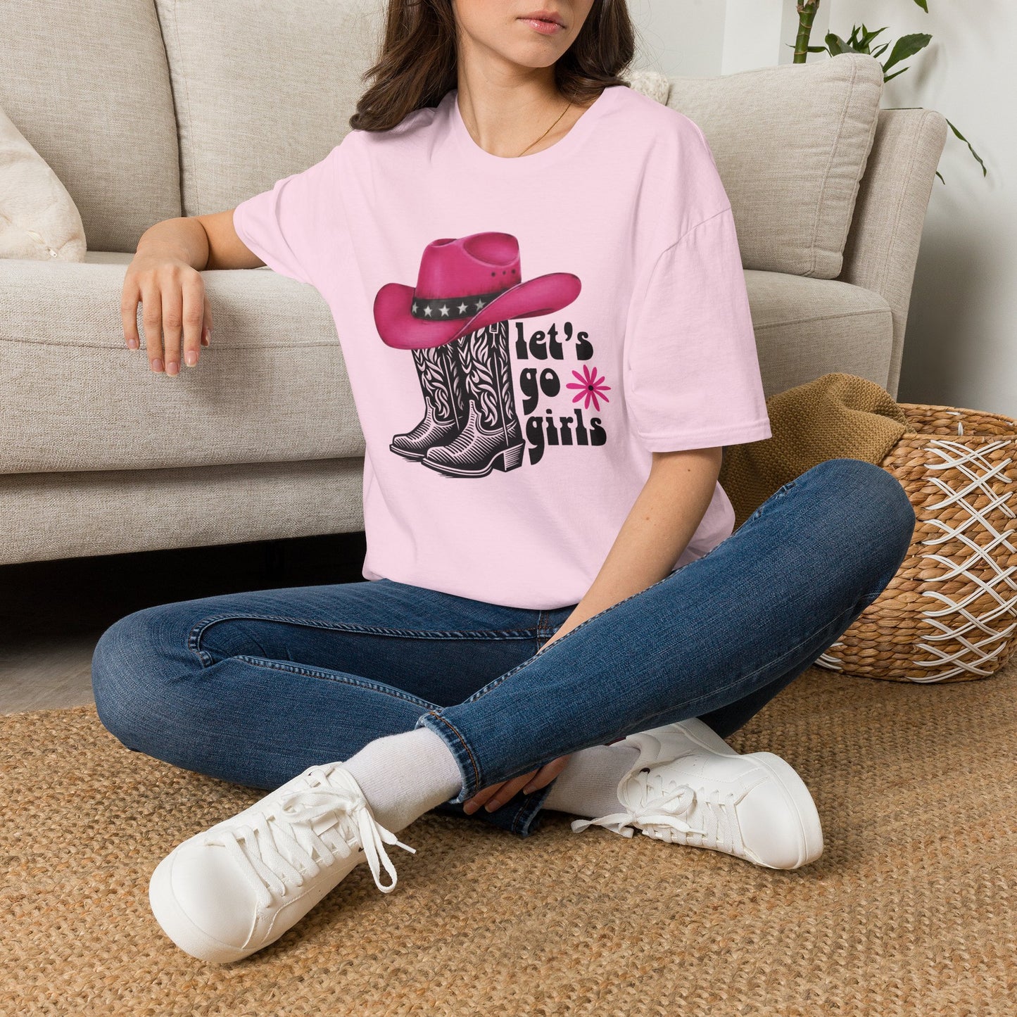 "Let's Go Girls" Pink Cowboy Hat & Boots Graphic T-Shirt