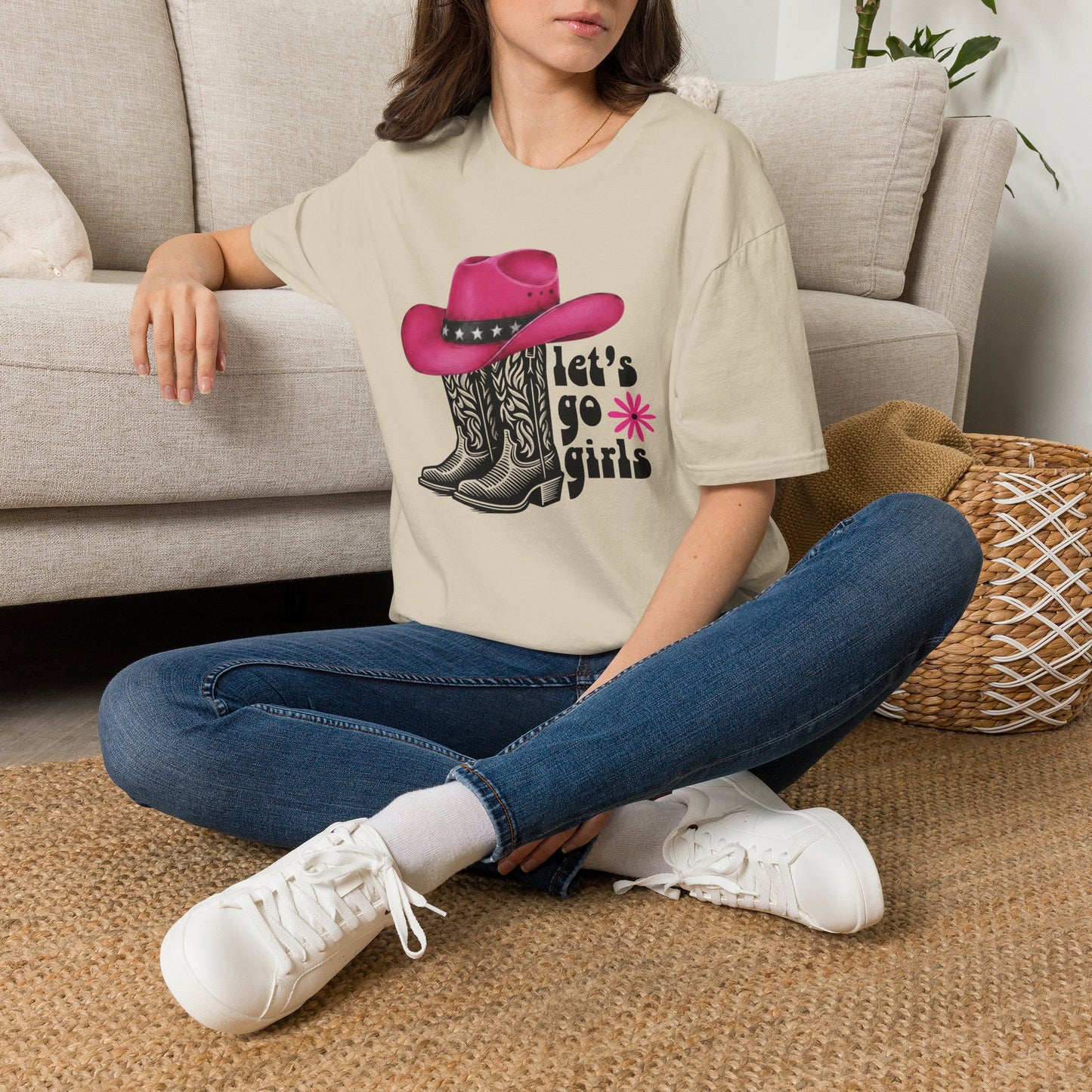 "Let's Go Girls" Pink Cowboy Hat & Boots Graphic T-Shirt