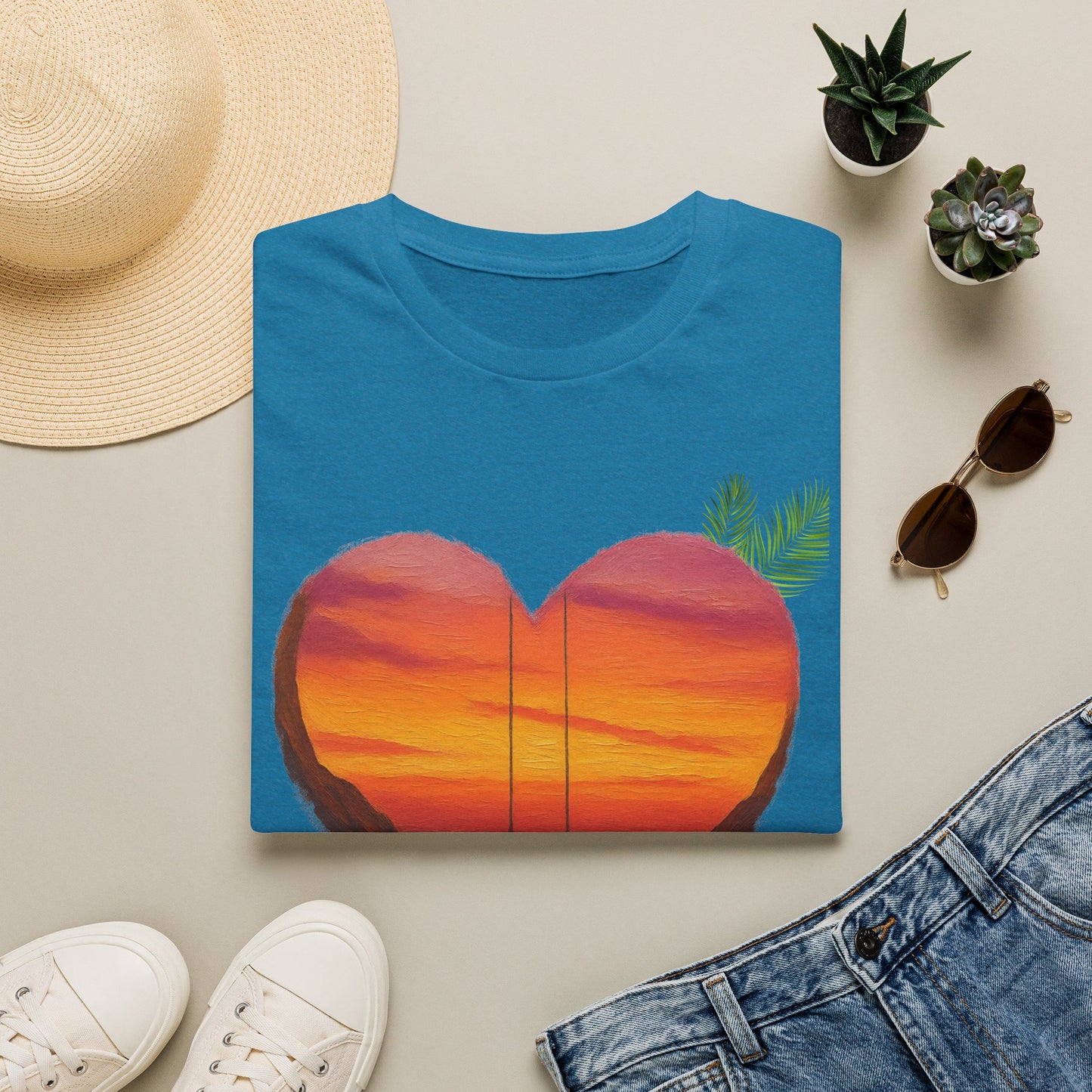 Heart Sunset T-Shirt — Tropical Palm Sailboat Beach Tee