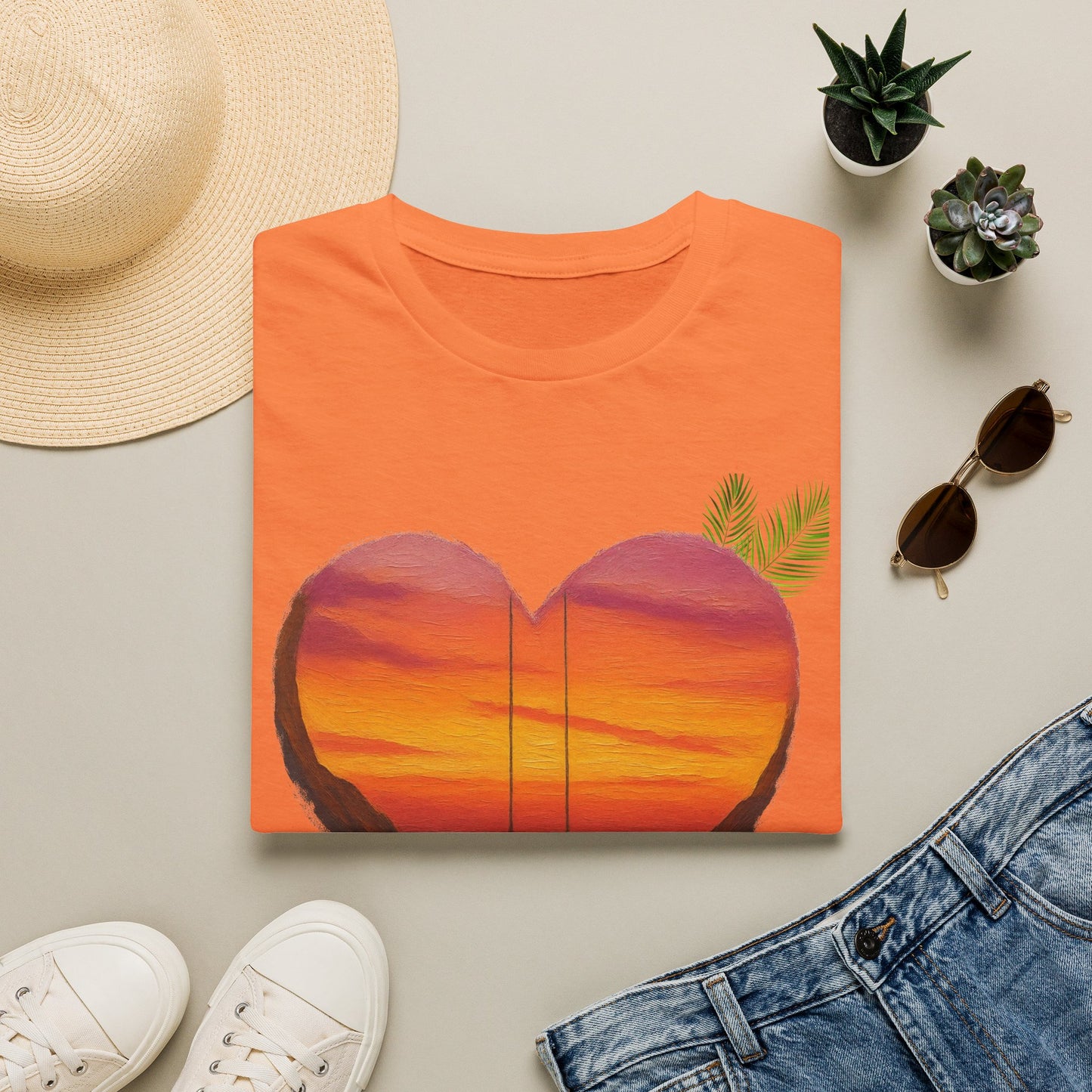 Heart Sunset T-Shirt — Tropical Palm Sailboat Beach Tee
