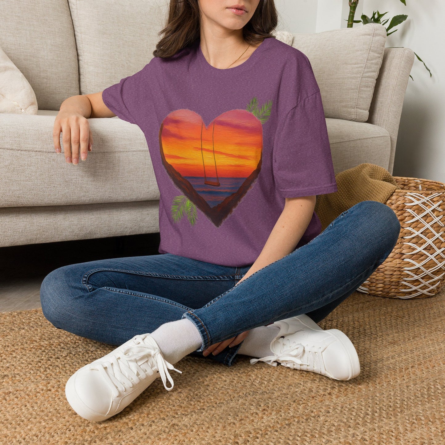 Heart Sunset T-Shirt — Tropical Palm Sailboat Beach Tee