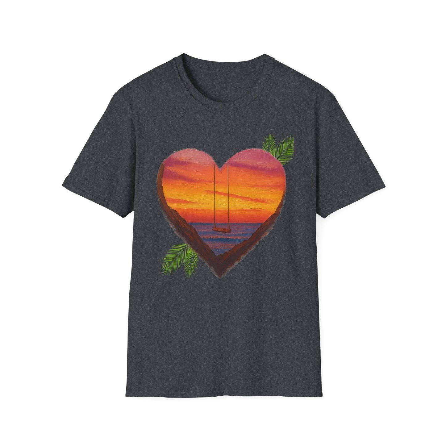 Heart Sunset T-Shirt — Tropical Palm Sailboat Beach Tee