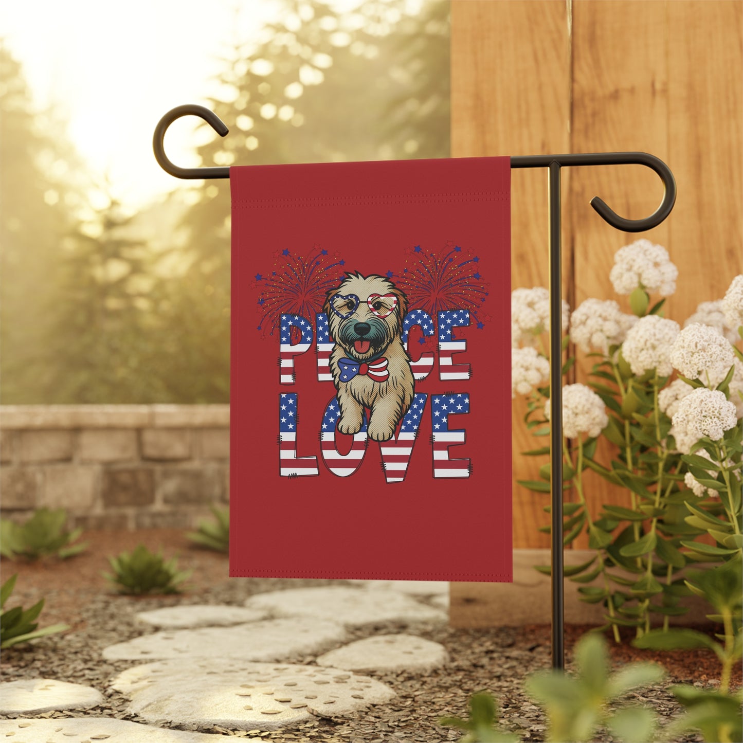 "Peace Love" Patriotic Wheaten Terrier Garden Flag (Red)