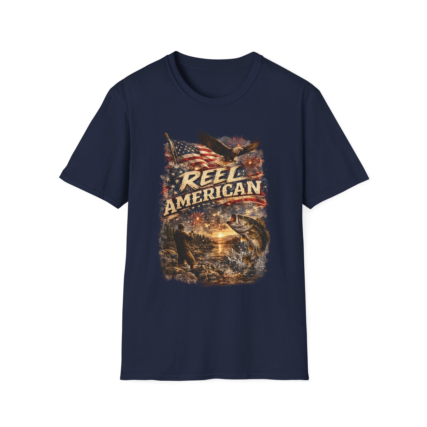 "Reel American" Eagle T-Shirt — Patriotic Fishing Shirt with Flag & Bald Eagle