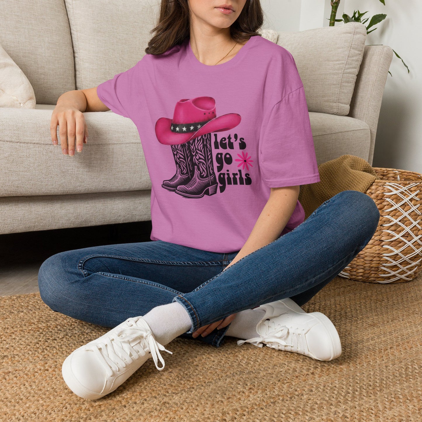 "Let's Go Girls" Pink Cowboy Hat & Boots Graphic T-Shirt
