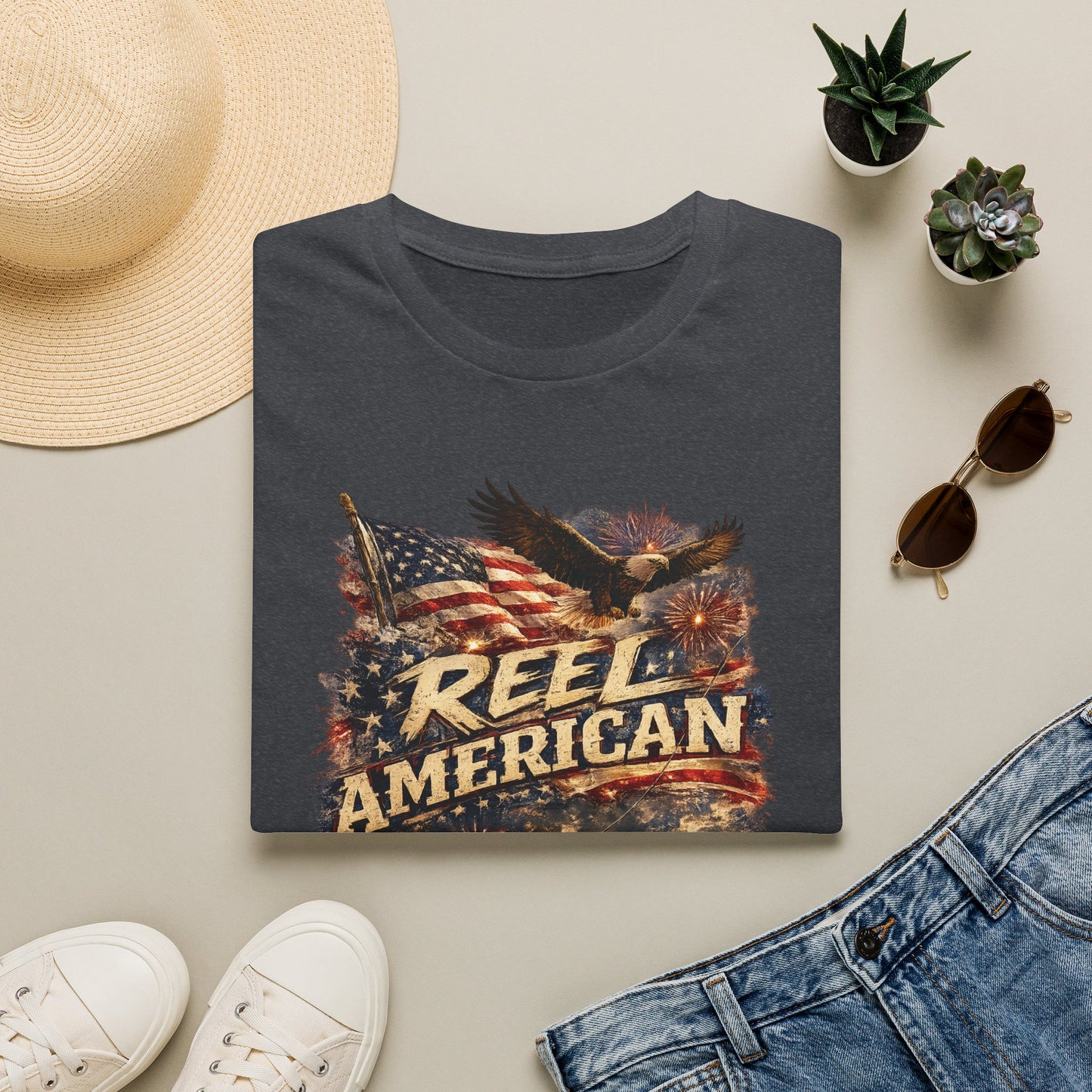 "Reel American" Eagle T-Shirt — Patriotic Fishing Shirt with Flag & Bald Eagle